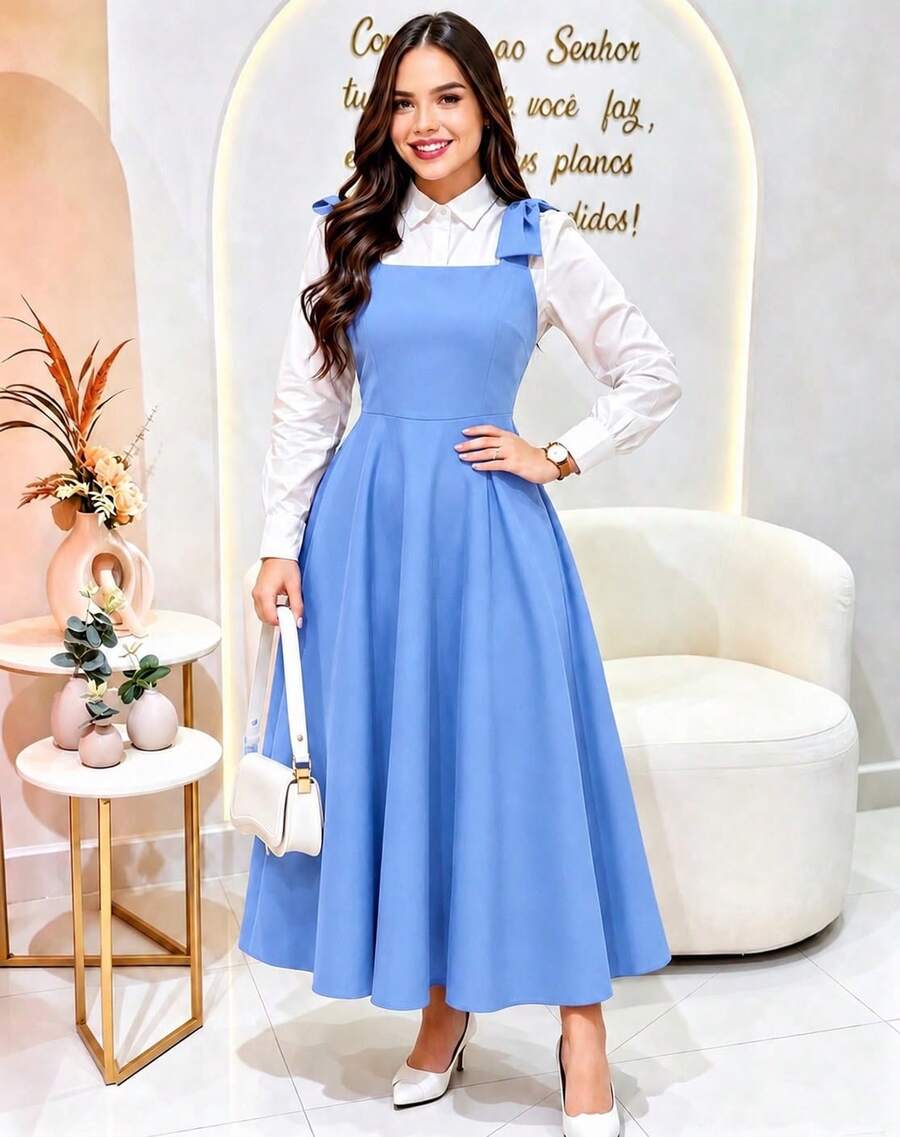 TAILORED DRESS WITH WIDE STRAPS AND BOW CODE 02 EVANGELICAL FASHION (Shirt Not Included) - Baby Blue - View 1