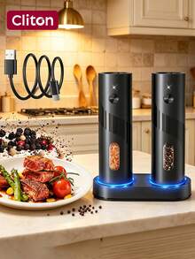 CLITON 可充電自動電動鹽與胡椒研磨器，單手操作 LED 燈香料磨盤，電子香料搖搖瓶，3 種選項可選：單個研磨器 / 2 個研磨器套組 / 2 個研磨器附充電底座，適用於廚房、用餐與燒烤 - 彩色 - 查看 2