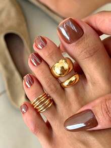 3pcs INS Minimalist Versatile Geometric Glossy Line Hollow Curved Toe Ring Set, Unique Niche Design Multi-Layer Foot Jewelry - Gold - View 1