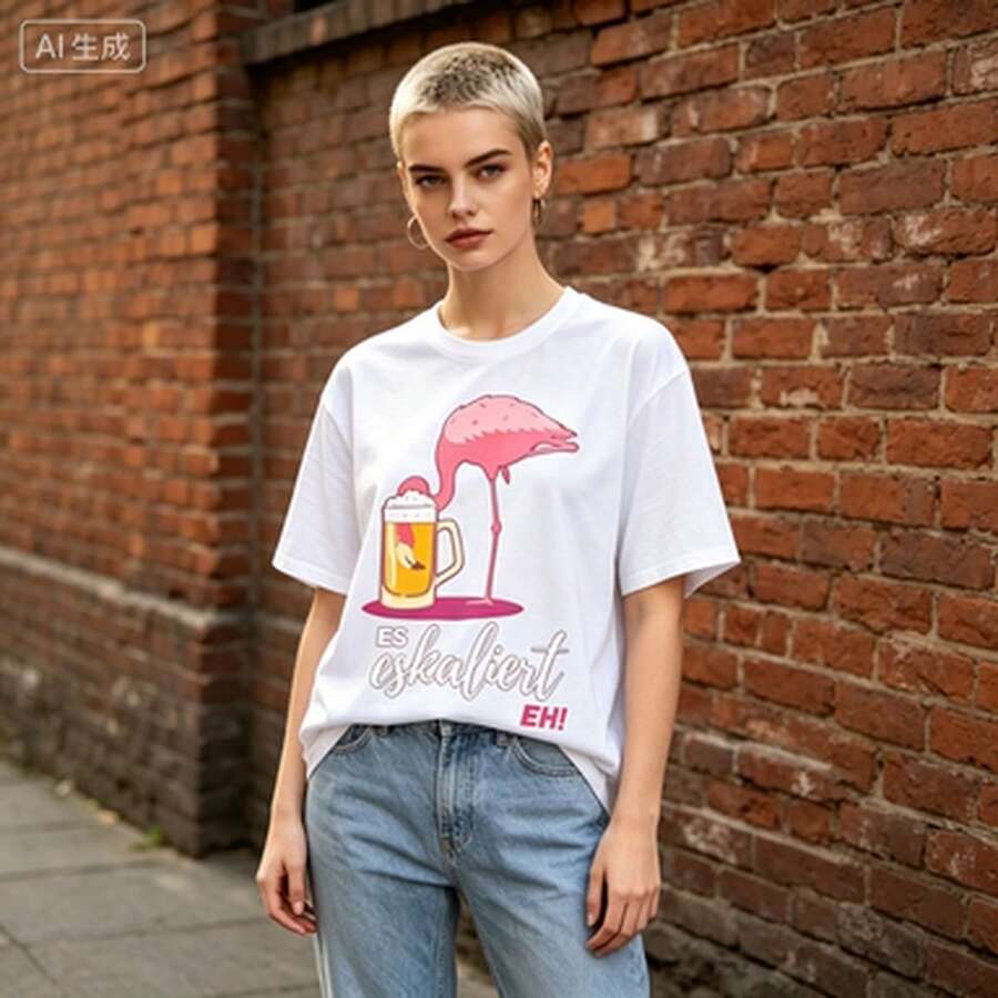 Vintage Loose-Fit Short Sleeves T Shirt,Features A Flamingo Beer Pattern,Vintage Fabric, - 白色 - 查看 1