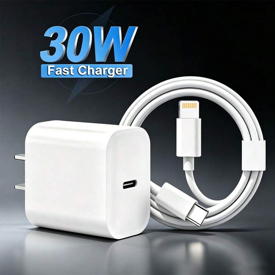 30W Phone Charger Set Fast Charging 30W Adapter + 3.3ft/100cm High-Efficiency Data Sync Fast Charging Cable Compatible With IPhone 14/13/12/11 Pro Plus/XS/XR/8/7/9/ Series Wall Charger Set - US A Type Plug(110-127V) - View 1