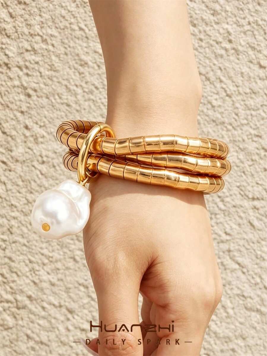 Personalized Vintage Metal Bamboo Joint Elastic Bracelet, Asymmetrical Faux Pearl Multi-Layer Bracelet, Minimalist INS Style Fashion Bracelet Set, Suitable For Women's Daily Wear - Multicolor - View 1