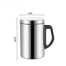 1pc Double Wall Insulated Mug With Handle And Lid, Heat-Resistant Anti-Scald Cup, All-Season Office Mug - Silver - View 5