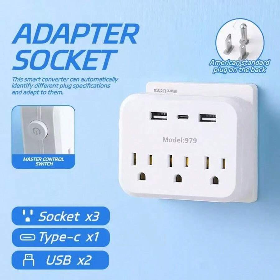 6-In-1 Portable Surge Protector With 3 AC Outlets, 2 USB Ports, And 1 USB-C Port For US Travel - US B Type Plug(110-127V) - View 1