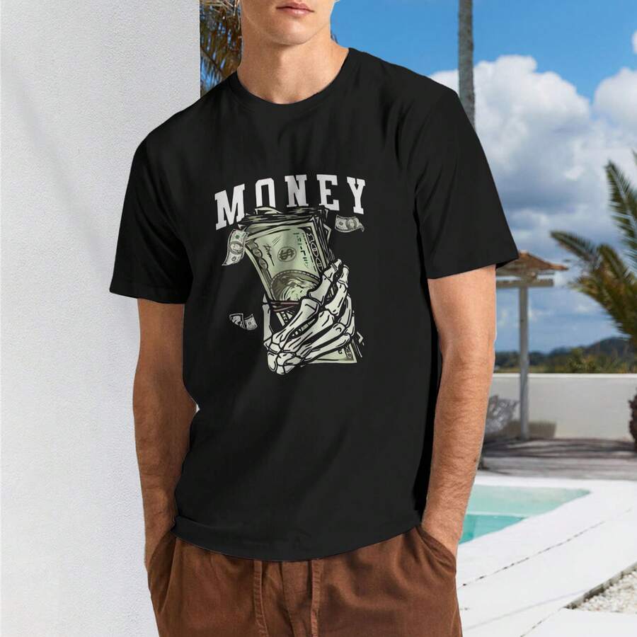 Skull Holding Money Print Crew Neck T Shirt, Outdoor Sports Short Sleeve - 款式 - 查看 1