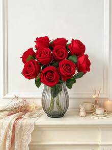 3/18pcs Velvet Rose Artificial Bridal Bouquet, Faux Floral Decoration, Artificial Roses, Suitable For Valentine's Day Gift, Wedding Party, Home Decor, Birthday Gift, Indoor And Outdoor Decoration, Vase Arrangement - Bright Red - View 7