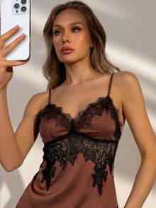 Whisplicity Casual Chic Brown Camisole Top With Black Lace Decor On Chest & Straps, Perfect For Date Night, Party, Evening Event, Going Out Vacation - Brown - View 4