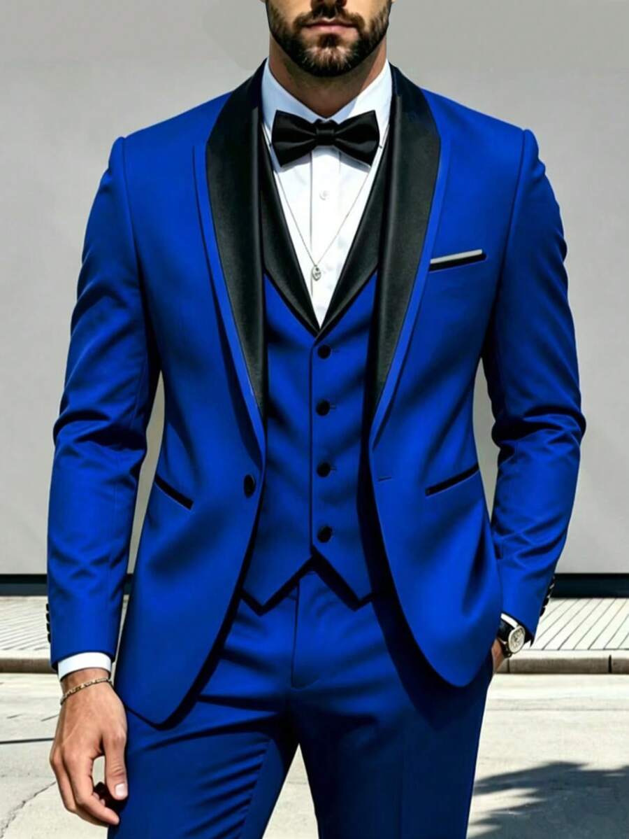 SuitGent 三件套男士高品质商务西装,纯色新郎婚礼礼服,修身休闲西装外套和裤子套装,春季款 - 寶藍色 - 查看 1