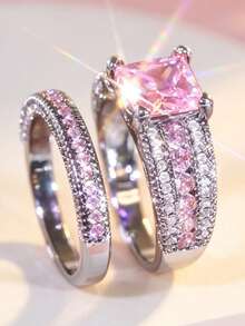 Yayi jewelry 2PCS Women's Princess Square Double-Row Sparkling Rings, Wide Main Ring Paired With Double-Layer Thin Rings, Luxury Style Stackable Rings, Bridal Wedding Rings With Novel Design, Young Girl Engagement Anniversary Gift - Pink - View 2