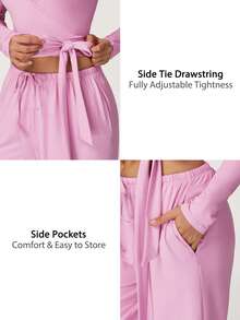 TimeOff Women's One Set Solid Color Cross Wrap Tie Waist Long Sleeve Cover Up With Elastic Drawstring Side Pockets Wide Leg Pants - Pink - View 4