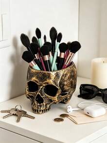 1Pc Resin Skull Planter Pot, Multi-Purpose Gothic Skull Storage Container, Decorative Vase For Succulent Plant, Makeup Brush Holder Candy Bowl Dark Home Desktop Ornament, Spooky Season Decor - Multicolor - View 2