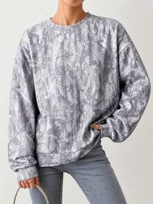 Sweatshirt Pullover Lengan Panjang Leher Bulat Motif Acak Ukuran Plus Wanita Kasual - Light Grey - View 2