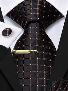 Black Plaids Necktie Pocket Square Cufflinks Tie Clip 4pcs Kit For Daily Office Wear & Department Annual Report - Black - View 1