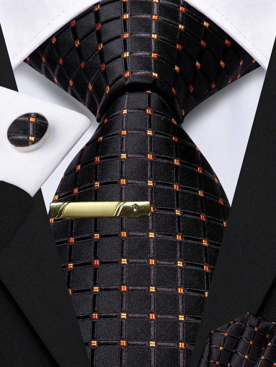 Black Plaids Necktie Pocket Square Cufflinks Tie Clip 4pcs Kit For Daily Office Wear & Department Annual Report - Black - View 1
