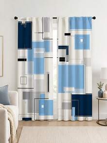 2pcs Creative Geometric Cube Digital Print, Multi-Color Palette, Minimalist Modern Style, Suitable For Bedroom, Living Room, Rental Home Decor, Semi-Sheer, Rod Pocket Installation - Multi-color D - View 7