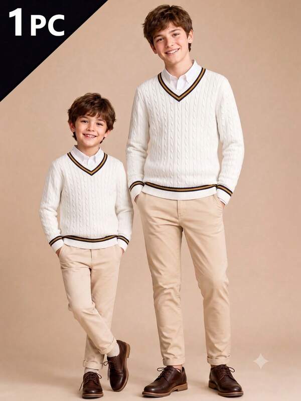 Back To School Season Boys College Style Color Block Striped Long Sleeve Cable Knit Pullover Sweater V-Neck Suitable For School Daily Casual Spring Autumn Winter