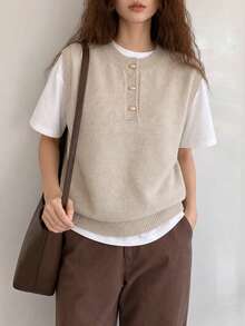Women's Autumn Minimalist Casual Half-Open Knit Pullover Vest Fall - Apricot - View 4