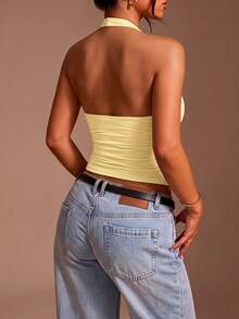 Mystra Women's Solid Color Ruched Slim Fit Minimalist Halter Neck Tank Top - Yellow - View 5