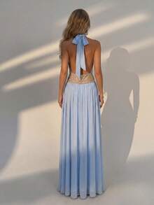 Elegant Blue Halter Neck Backless Rhinestone Embellished Maxi Dress, Suitable For Wedding Guests, Summer Parties, Beach Vacations And Evening Gatherings - Sky Blue - View 1