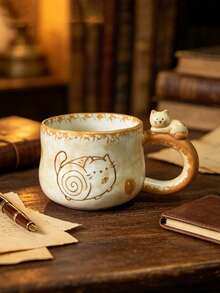 1pc Handmade Cute Cat Ceramic Mug, Creative Vintage 3D Cat Handle Coffee Cup, High Aesthetic Handmade Teacup, Suitable For Home, Restaurant, Cafe, Birthday Gift, Unique Handmade Gift - Multicolor - View 9
