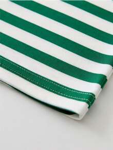 1pc Tween Girls Casual Classic Retro Striped Fashion Design Crew Neck Long Sleeve T-Shirt Top Autumn/Winter - Green - View 6