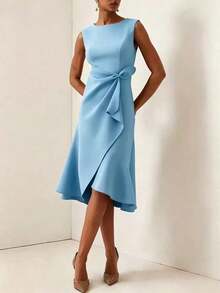 1pc Women's Solid Color Elegant Sleeveless Round Neck Party Dress, Fashionable Casual Mid-Length Summer Dress Wedding Fall - Baby Blue - View 1