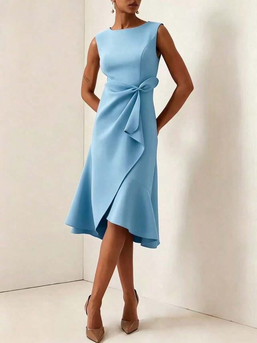 1pc Women's Solid Color Elegant Sleeveless Round Neck Party Dress, Fashionable Casual Mid-Length Summer Dress Wedding Fall - Baby Blue - View 1