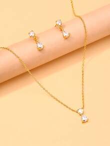 1 Set 3pcs Exquisite Rhinestone Water Drop Pendant Necklace & Earrings Set For Women, Elegant Sparkling Bridal Jewelry, Suitable For Wedding, Ball, Party, Date And Gift - Gold - View 5