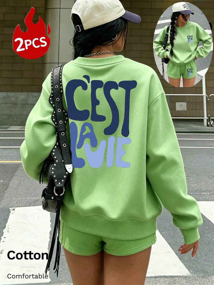 Women's Hoodie And Shorts Set, Personalized Slogan Graphic Print, Soft And Comfortable - Light Green - View 1
