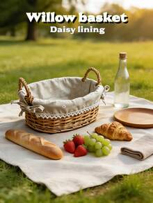 1pc Vintage French Country Style Wicker Storage Basket With Lace Ribbon Decoration, Handwoven Rattan Storage Basket, Suitable For Camping, Beach, Park, Garden Party Photo Props And Home Storage - Wicker Basket - View 2