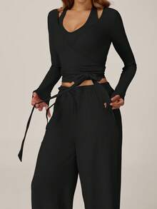 TimeOff Women's One Set Solid Color Cross Wrap Tie Waist Long Sleeve Cover Up With Elastic Drawstring Side Pockets Wide Leg Pants - Black - View 8