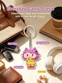 Splendor Gabby Box Girl 2D Acrylic Keychain, Flat Printed Character Pendant With Purple Box Head Design, HD Bright Printing, Smooth Polished Edges, Solid Metal Keyring & Chain, Fashion Bag Charm For Handbags, Backpacks And Car Keys, Stylish Decor For Themed - Multicolor - View 1