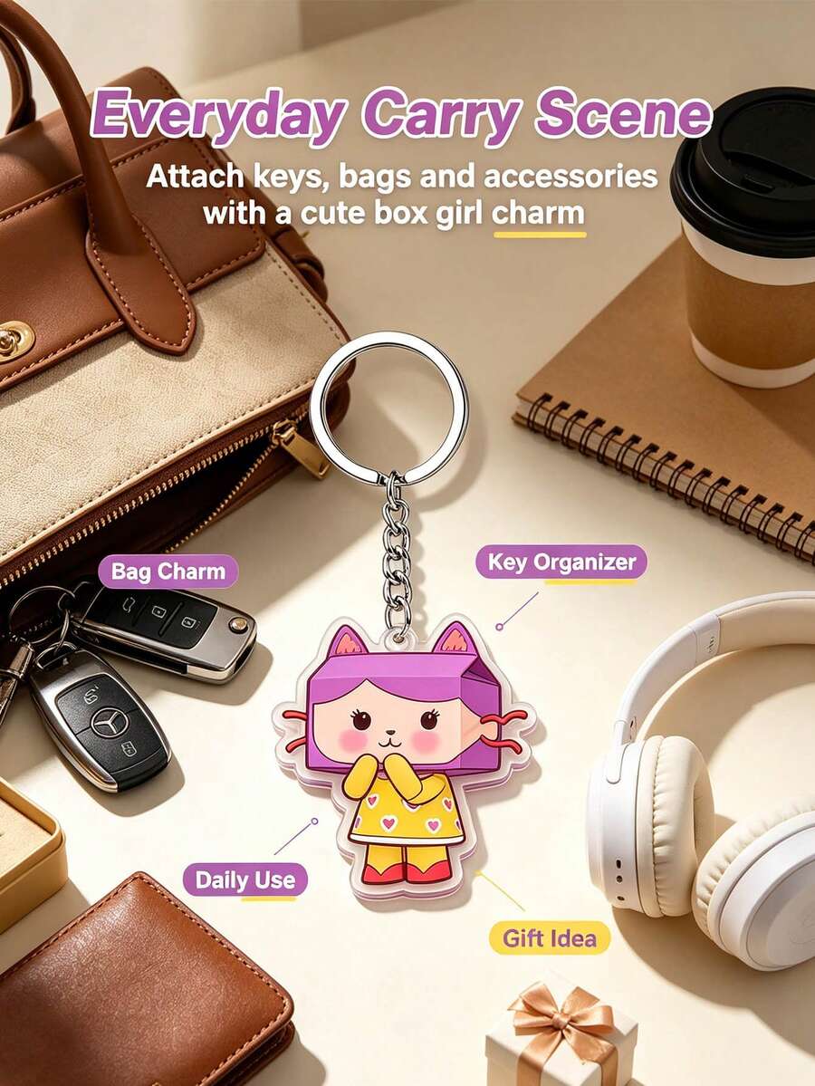Splendor Gabby Box Girl 2D Acrylic Keychain, Flat Printed Character Pendant With Purple Box Head Design, HD Bright Printing, Smooth Polished Edges, Solid Metal Keyring & Chain, Fashion Bag Charm For Handbags, Backpacks And Car Keys, Stylish Decor For Themed - Multicolor - View 1