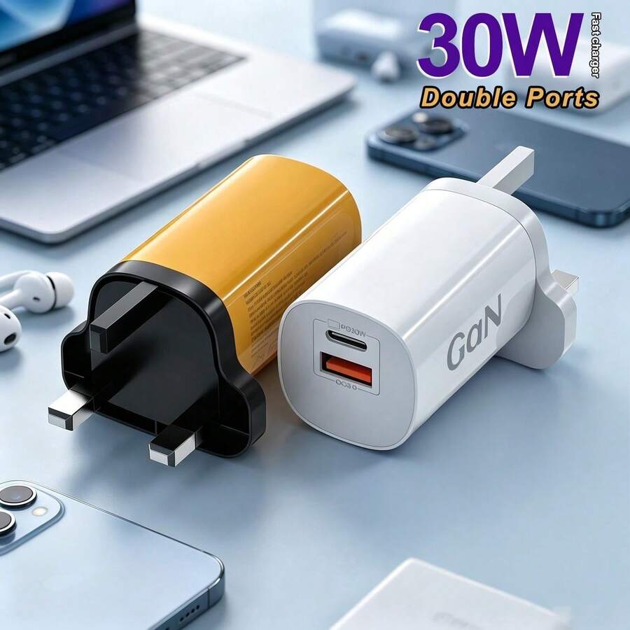 30W GaN電源適配器,USB-A + USB-C 雙埠設計,小巧口袋尺寸,便攜易攜帶,兼容多品牌數位裝置,CE 與 RoHS 認證,適用於居家、辦公室與旅行場景 - 英規插(220-240V) - 查看 1