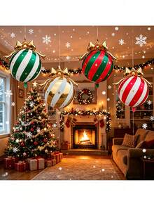 4pcs 80cm Christmas Bow Colorful Hanging Ball Set, Classic Red And Green Striped Design Full Of Holiday Atmosphere, Suitable For New Year, Christmas, Birthday Home Decor, Yard Decoration, Party Photo Props - View 4
