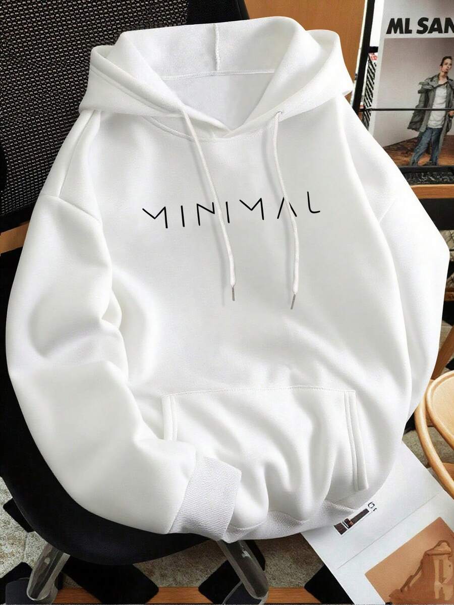 Minimalist Style Letter-Printed Hooded Sweatshirt, Versatile Top For Everyday Casual Wear And Commuting - 白色 - 查看 1