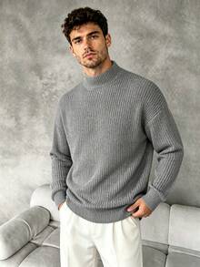 Minimalist Light Half Turtleneck Knit Jumper, Men Solid Color Thin Ribbed Long Sleeve Loose Sweater, Daily Wear Layering Clothes For Spring Fall - Dark Grey - View 1