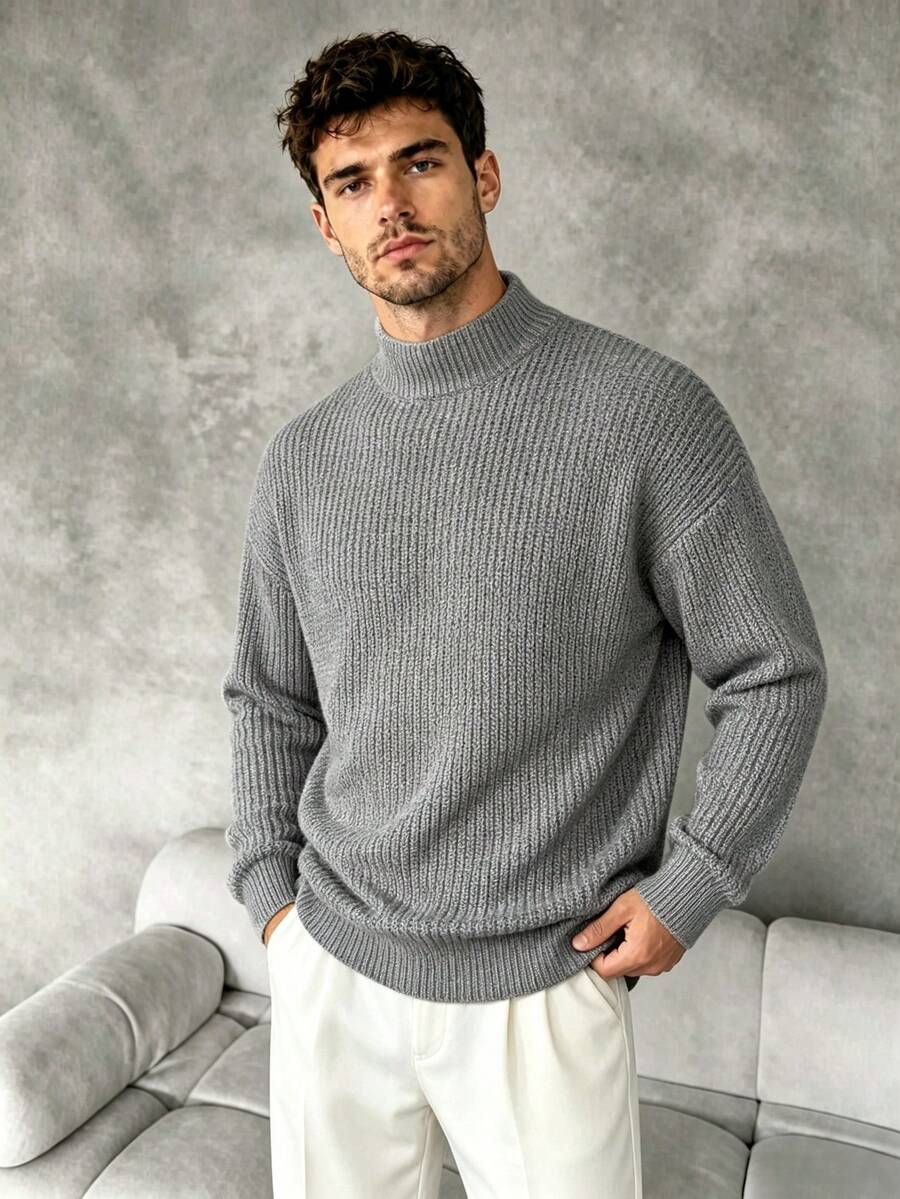 Minimalist Light Half Turtleneck Knit Jumper, Men Solid Color Thin Ribbed Long Sleeve Loose Sweater, Daily Wear Layering Clothes For Spring Fall - Dark Grey - View 1