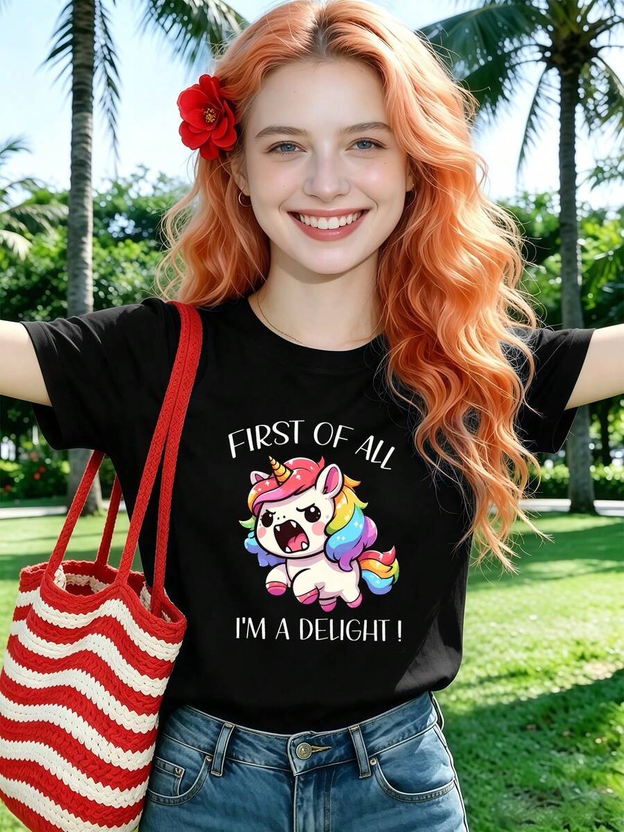 Fun Unicorn Graphic T-Shirt. Quality Fabric, Crew Neck, Loose, Comfortable Fit, Art Print. - Black - View 1