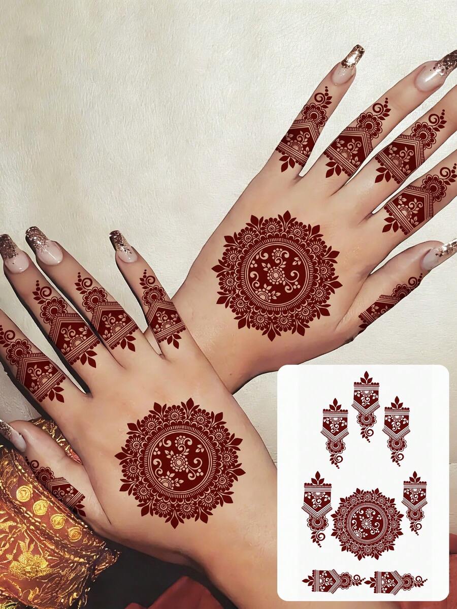 1 pieza Pegatina de tatuaje de henna impermeable para manos, pegatina de tatuaje temporal floral desechable para mujeres, pegatina de tatuaje realista fácil de quitar, diseño de mandala adecuado para amantes de la moda, uso en vacaciones y diario - Rojo - Ver 1