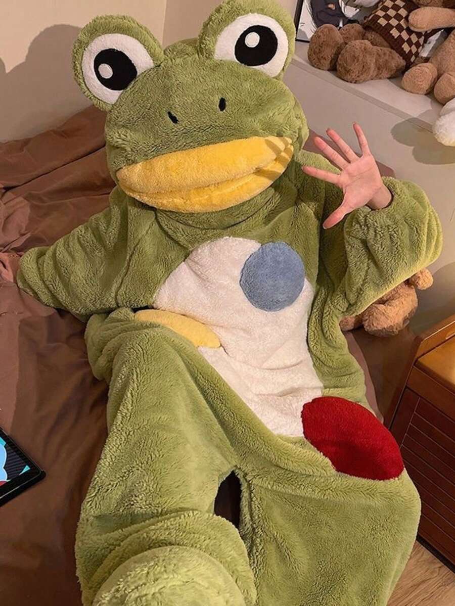 1pc New Winter Personalized Bathrobe, Unisex, Frog Cartoon Pattern, Thickened Warm, Cute Cartoon Style, Suitable For Home, Bathroom Or Living Room Wear - Multicolor - View 1