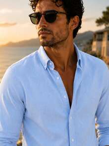100% Cotton Linen, Breathable, Lightweight, Button-Down Collar, Men's Linen Shirt - Baby Blue - View 5