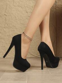 Elegant Round Toe Stiletto Heel Professional Women's Pumps, Black Suede High Heel Slip-On Shoes - Black - View 4