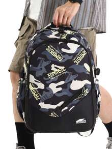 Unisex Colorblock Letter Camo Print Backpack, Large Capacity Multi-Function Lightweight Wear-Resistant School Bag For Middle And High School Students, Laptop Backpack, Outdoor Travel Backpack - Multicolor - View 12
