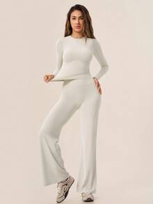 TimeOff Women's One Set Solid Color Round Neck Fitted Long Sleeve Top And High Waist Butt-Lifting Flared Pants - Apricot - View 7
