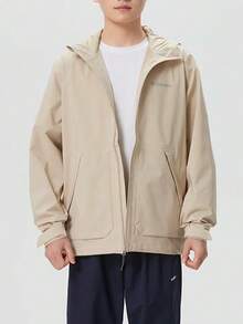 Columbia Jaket Pria Lengan Panjang Kasual Olahraga Sehari-hari dengan Motif Huruf dan Resleting - khaki muda - View 3