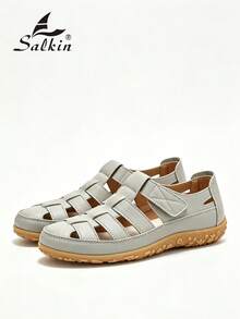 Salkin 夏季女款包頭羅馬平底涼鞋 鏤空編織籠鞋 橡膠底 灰色 走路鞋 休閒涼鞋 復古透氣漁夫涼鞋 適合日常度假 - 灰色 - 查看 5