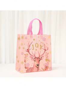 2Pcs-Pink Christmas Non-Woven Gift Bags-Christmas Party Gift Bags With Handles, Featuring Designs Of Santa Claus, Snowmen, Reindeer, And Gingerbread Houses, With A "Ho Ho Ho" Tag; Perfect For Birthdays, Holiday Decorations, And Candy Bags - Multiple Styles - View 8