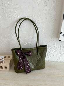 Women's Tote Shoulder Bag, Solid Color Polka Dot Bow Ribbon Decor, Large Capacity, Minimalist Elegant Style, Daily Commute Shopping Handbag - Green - View 10