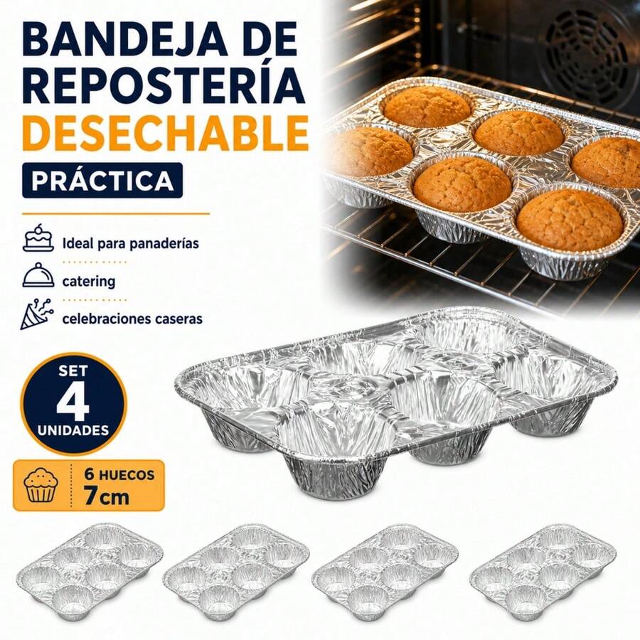 Set Of 4 Disposable Aluminum Foil Baking Pans With 6 Cavities (7cm) For Muffins, Cupcakes And Tartlets, Heat Resistant Molds For Catering - 彩色 - 查看 1